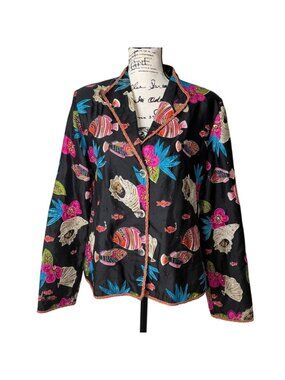 Vtg Anage Womens Size 12 Silk Jacket Tropical Fish Embroidered Blazer Black Pink